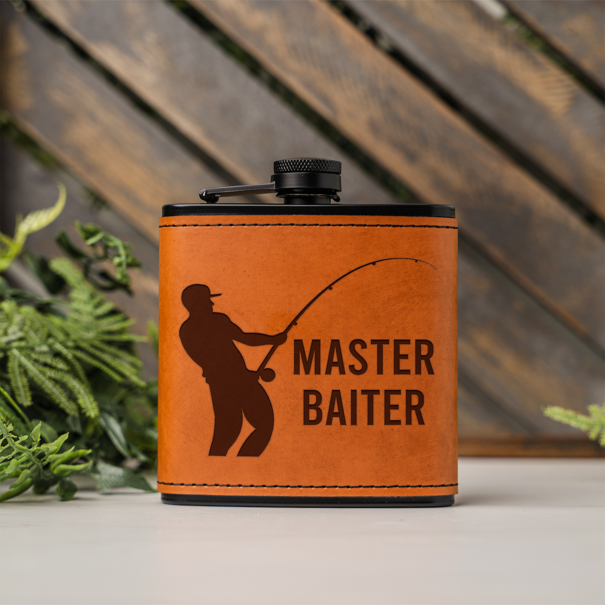 "Master Baiter" Engraved Leather Flask