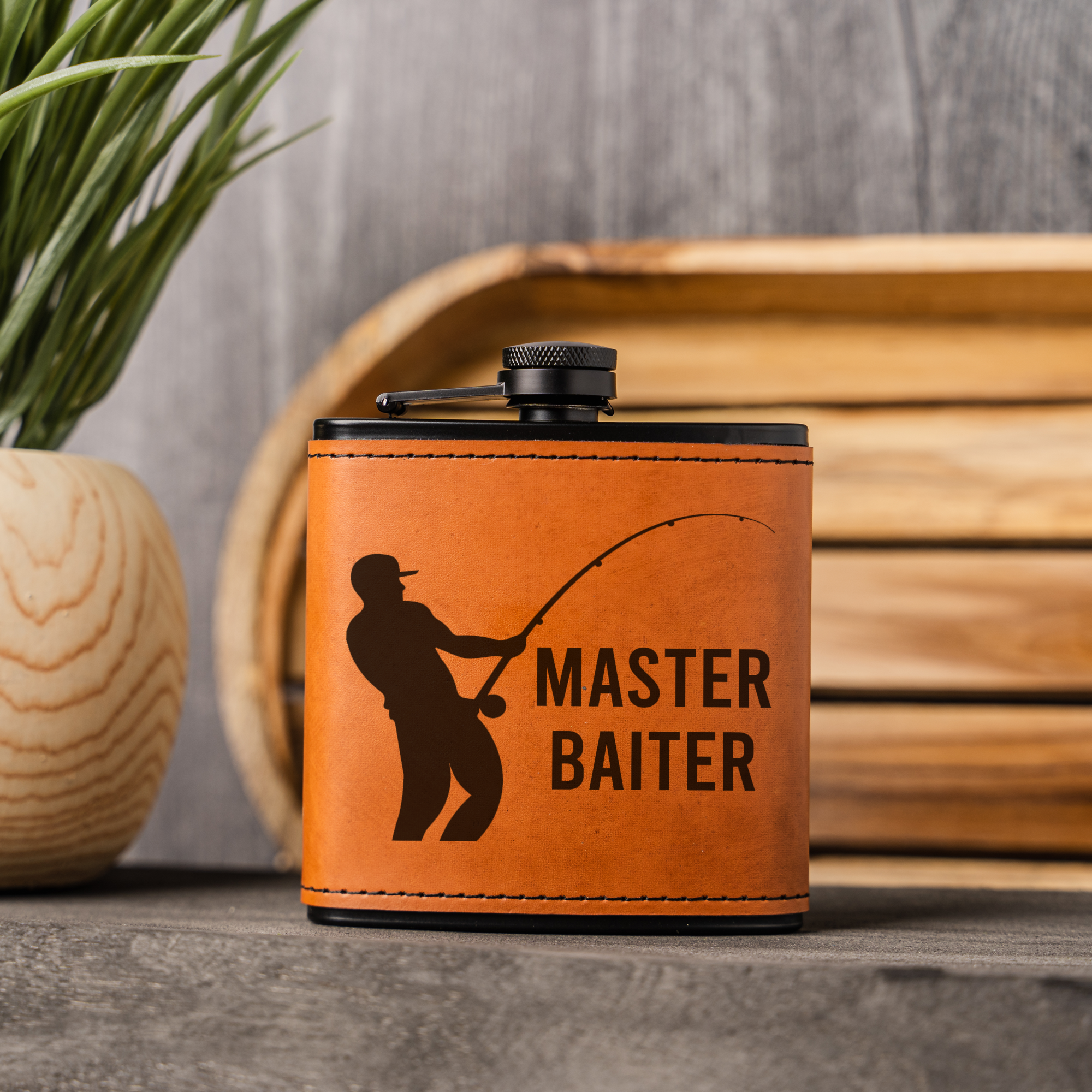 "Master Baiter" Engraved Leather Flask