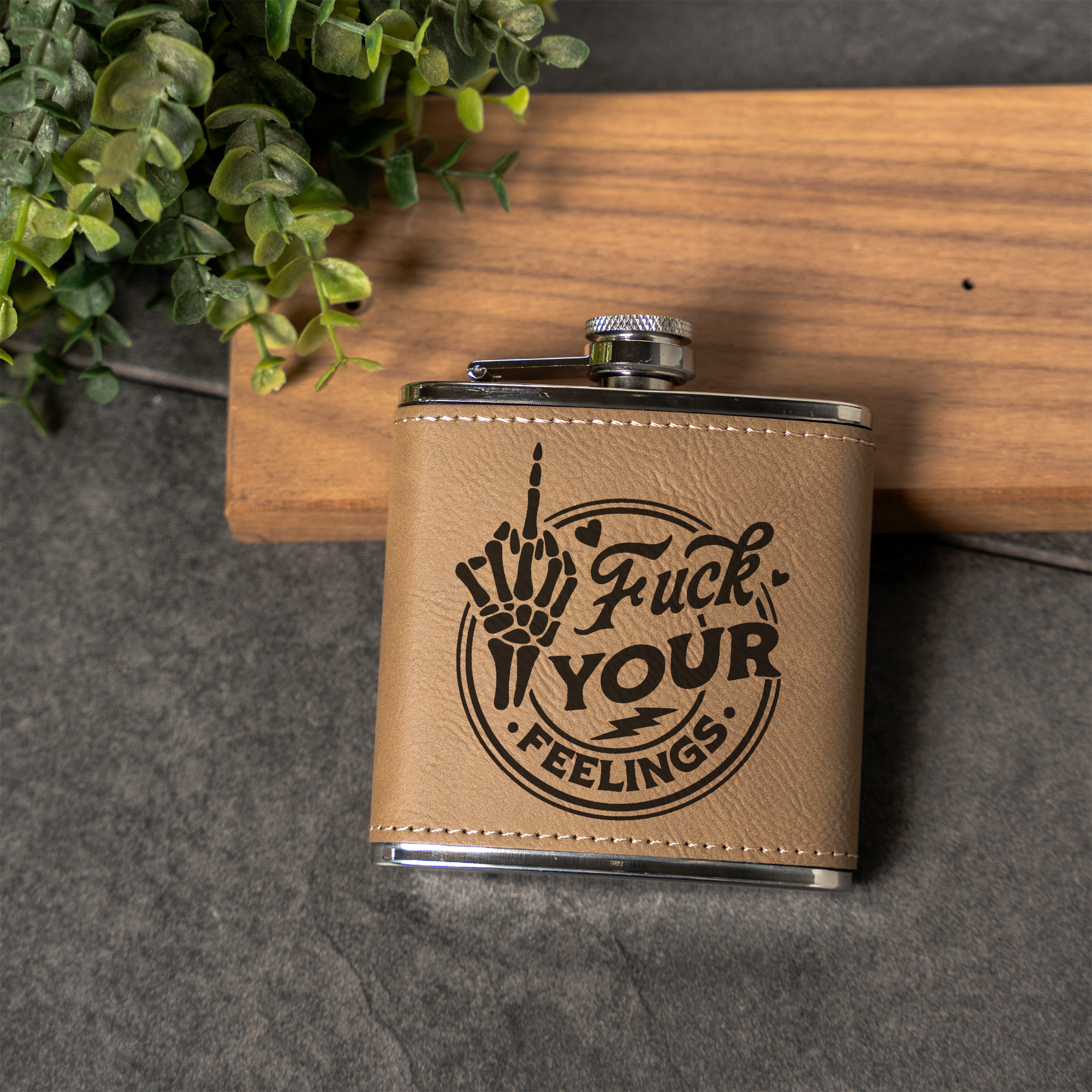 Fuck Your Feelings Skeleton Leather Wrapped Flask