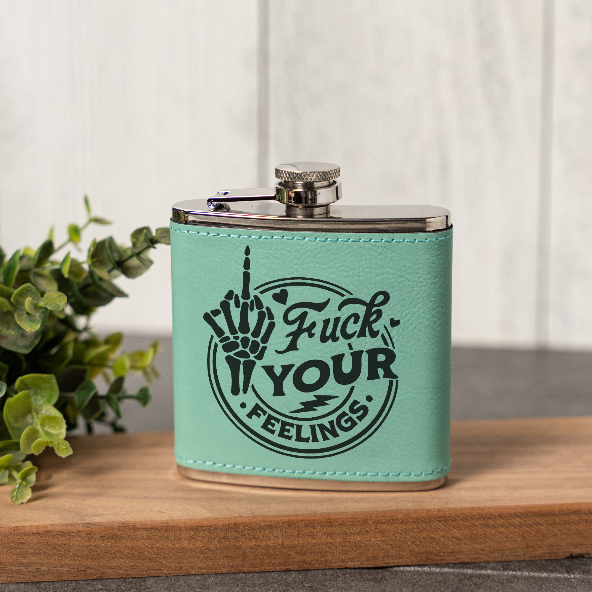 Fuck Your Feelings Skeleton Leather Wrapped Flask