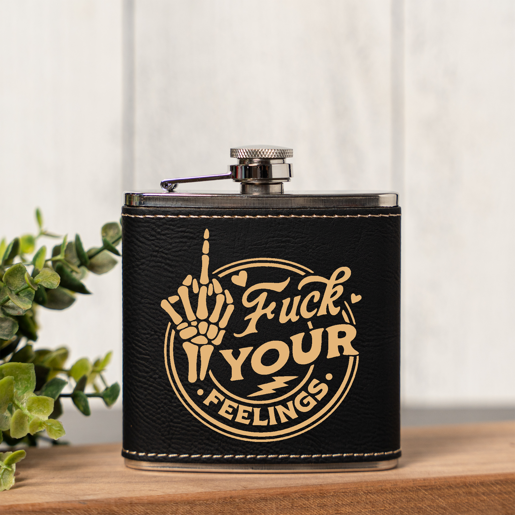 Fuck Your Feelings Skeleton Leather Wrapped Flask