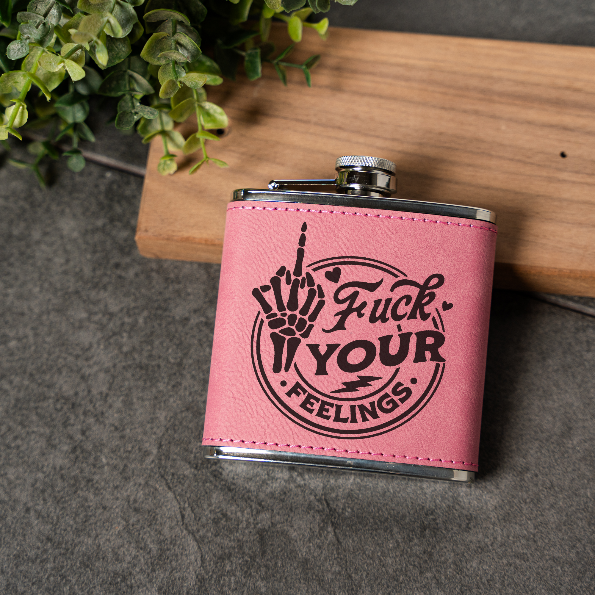 Fuck Your Feelings Skeleton Leather Wrapped Flask