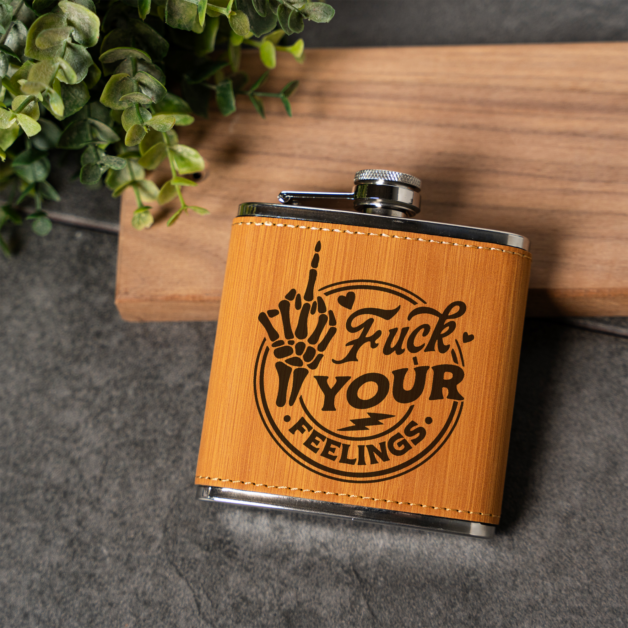 Fuck Your Feelings Skeleton Leather Wrapped Flask