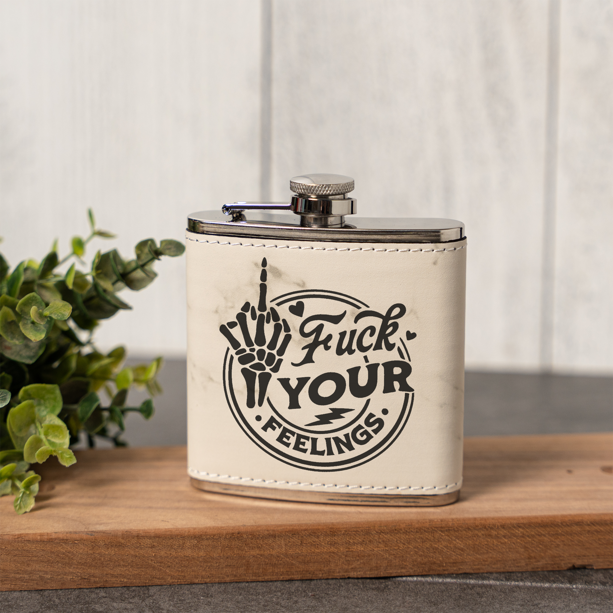 Fuck Your Feelings Skeleton Leather Wrapped Flask