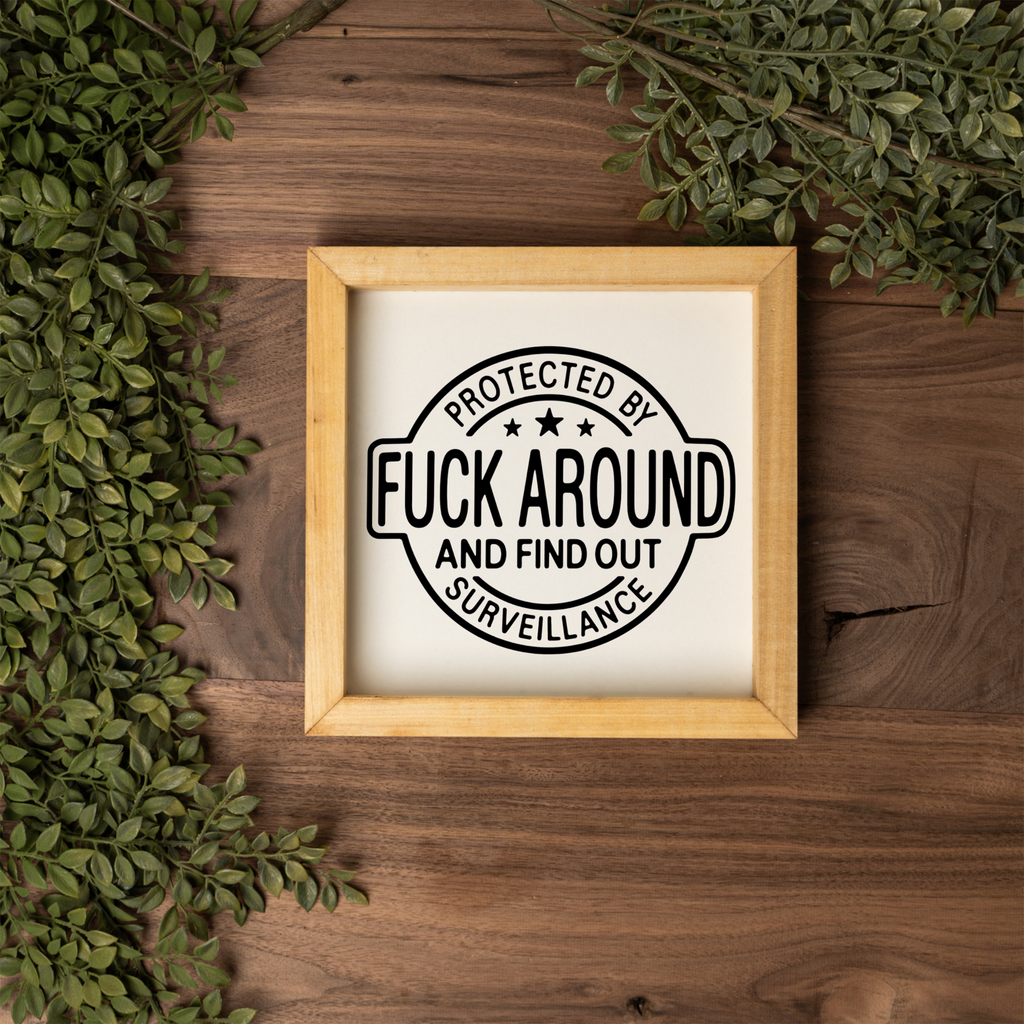 Protected by Fuck Around and Find Out Surveillance Framed Sign