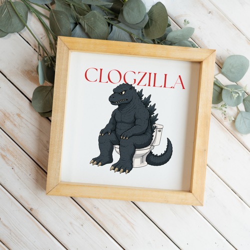 Clogzilla Wood Framed Bathroom Wall Art