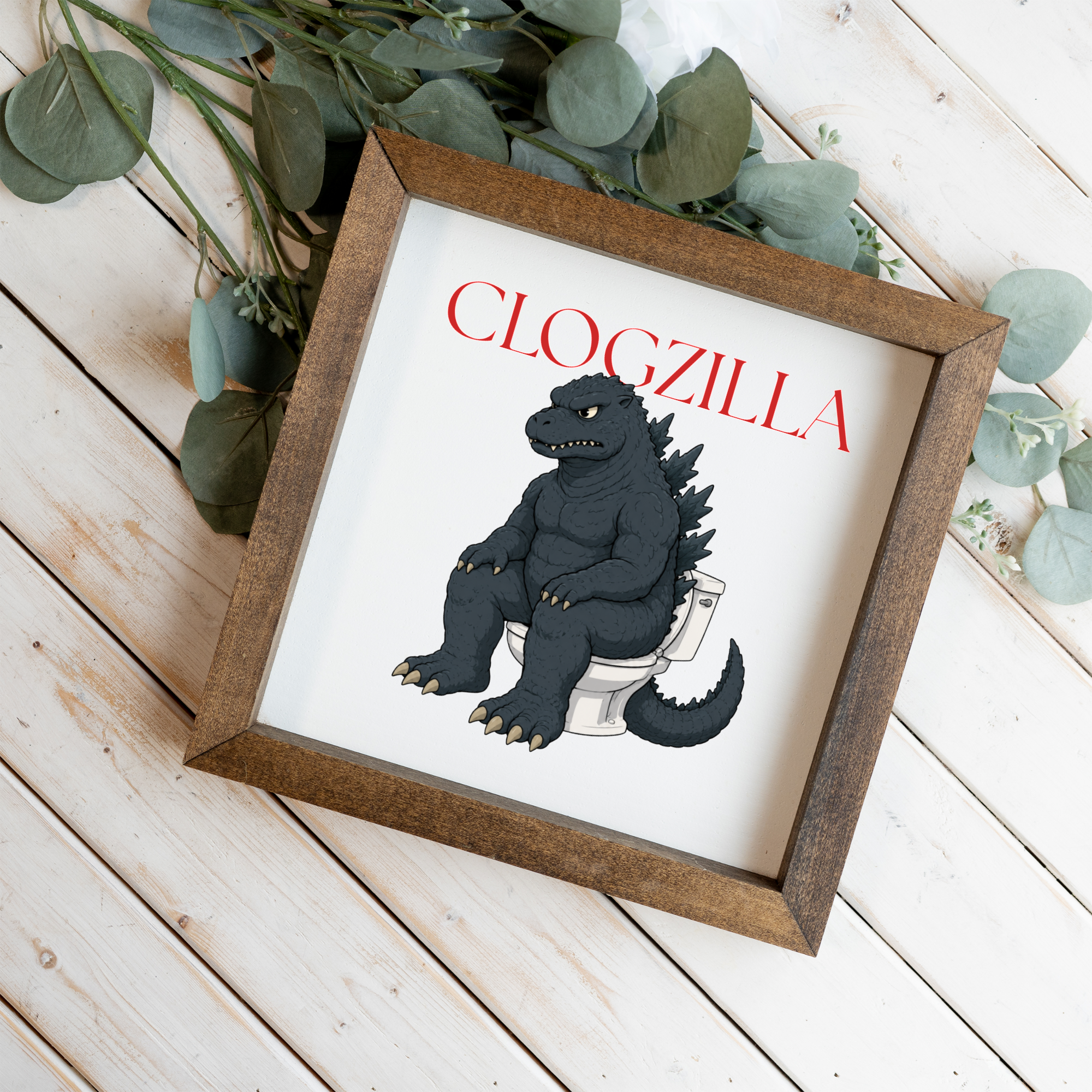 Clogzilla Wood Framed Bathroom Wall Art