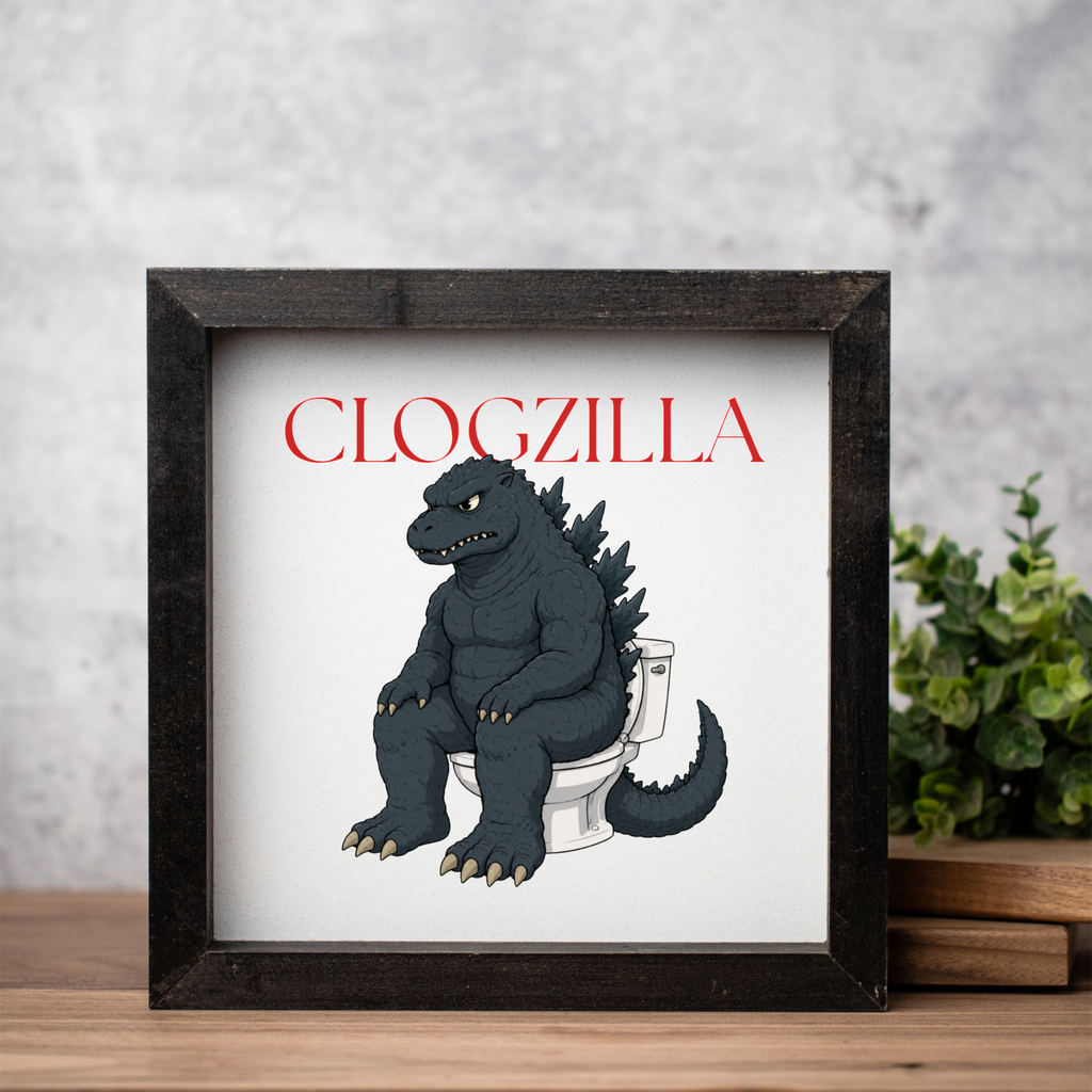 Clogzilla Wood Framed Bathroom Wall Art