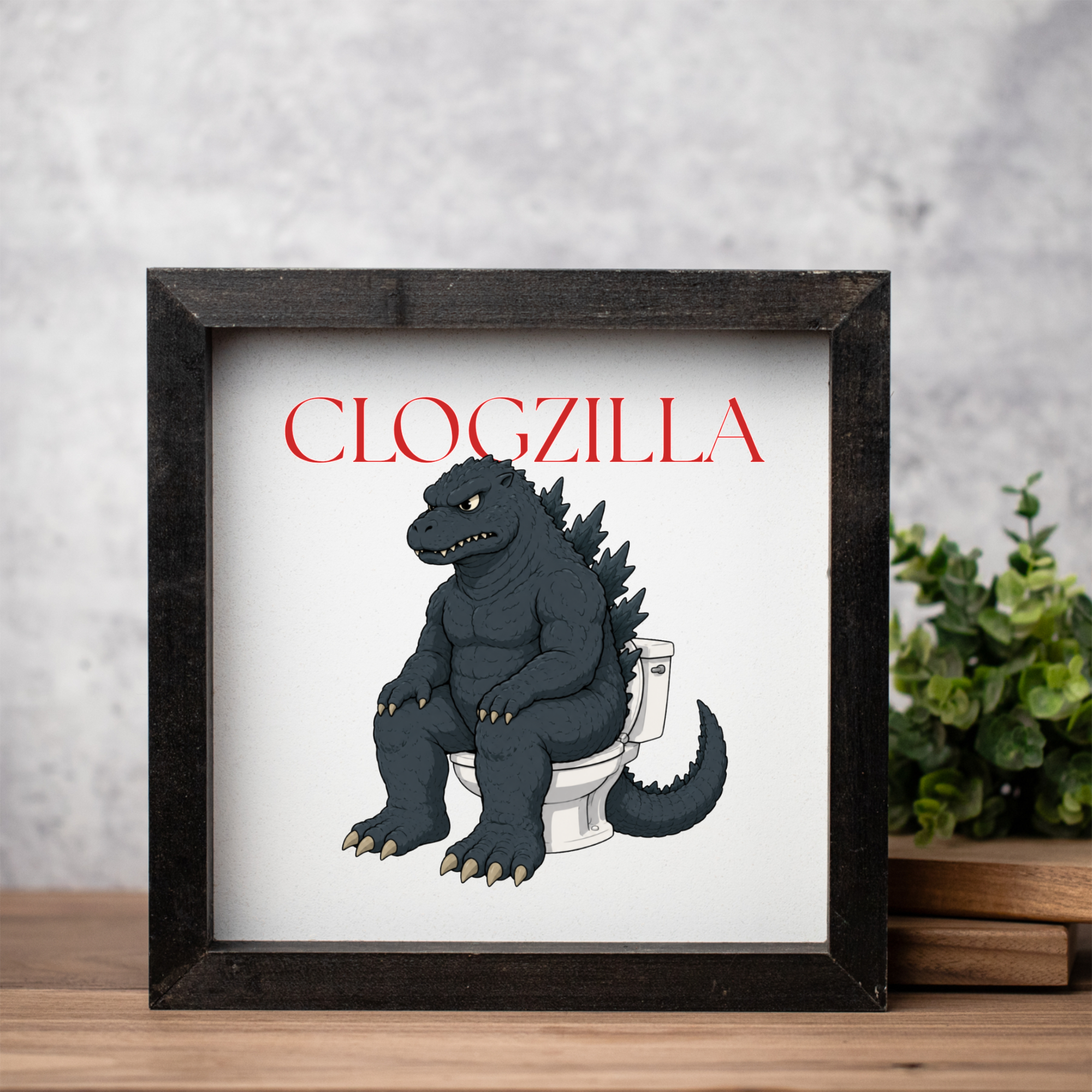Clogzilla Wood Framed Bathroom Wall Art