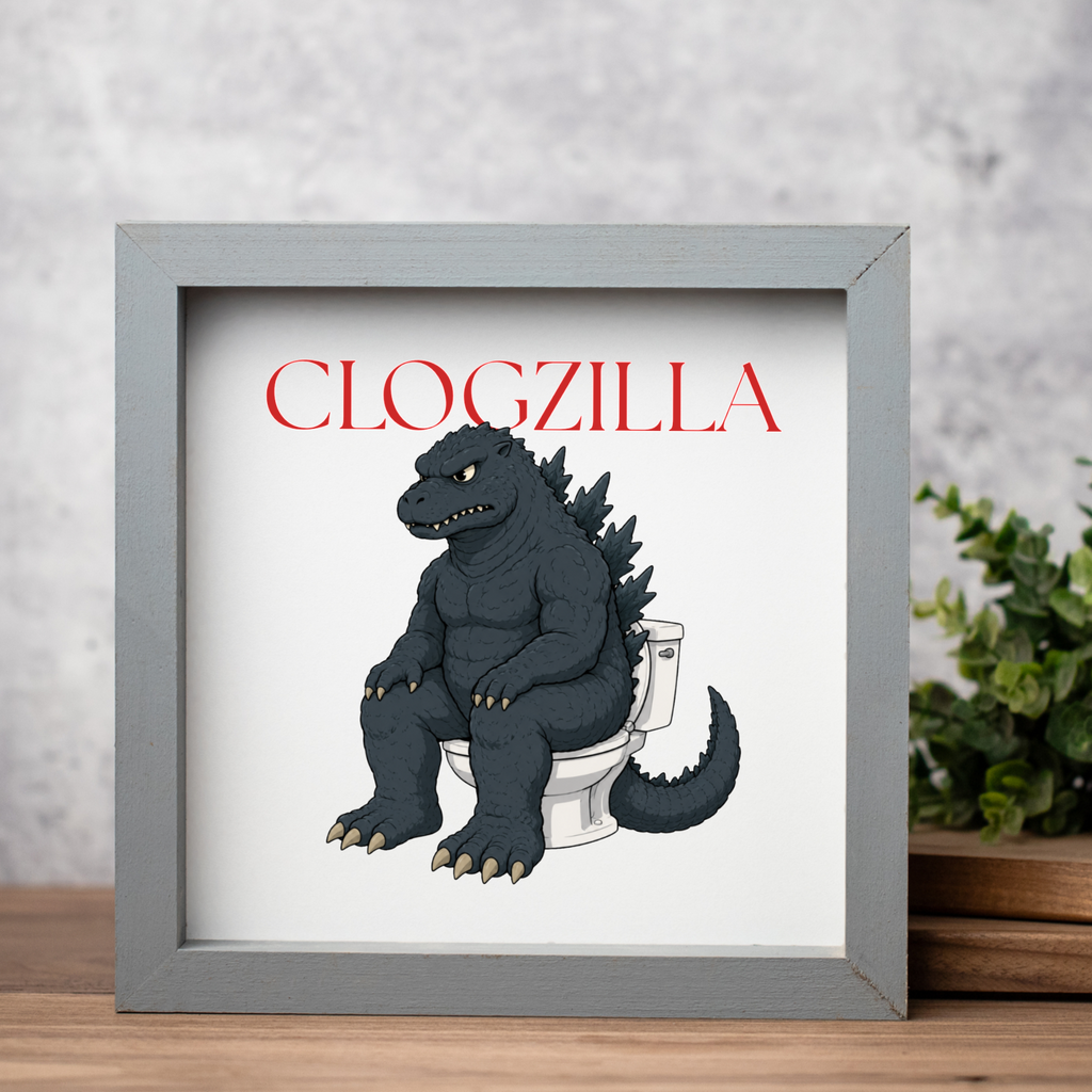 Clogzilla Wood Framed Bathroom Wall Art