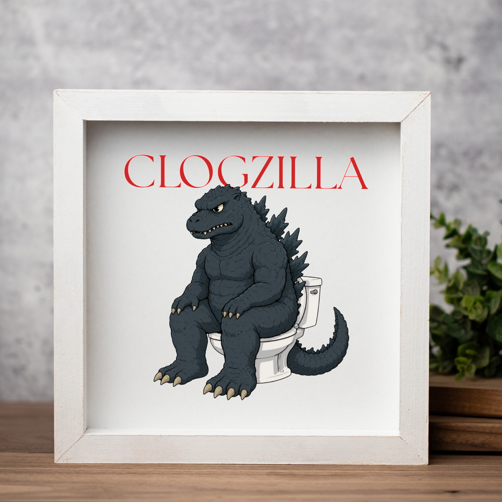 Clogzilla Wood Framed Bathroom Wall Art