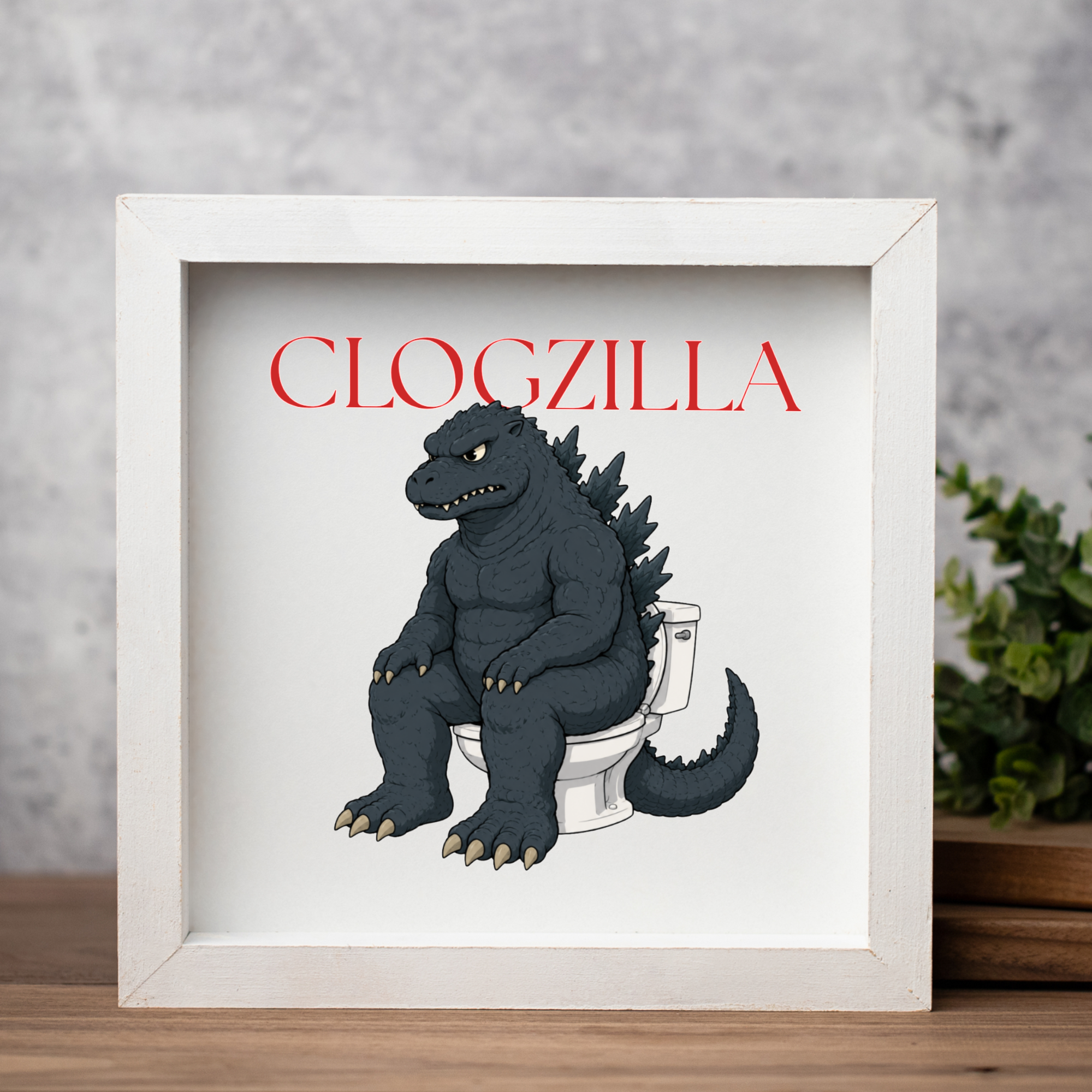 Clogzilla Wood Framed Bathroom Wall Art