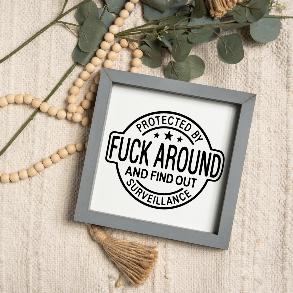 Protected by Fuck Around and Find Out Surveillance Framed Sign